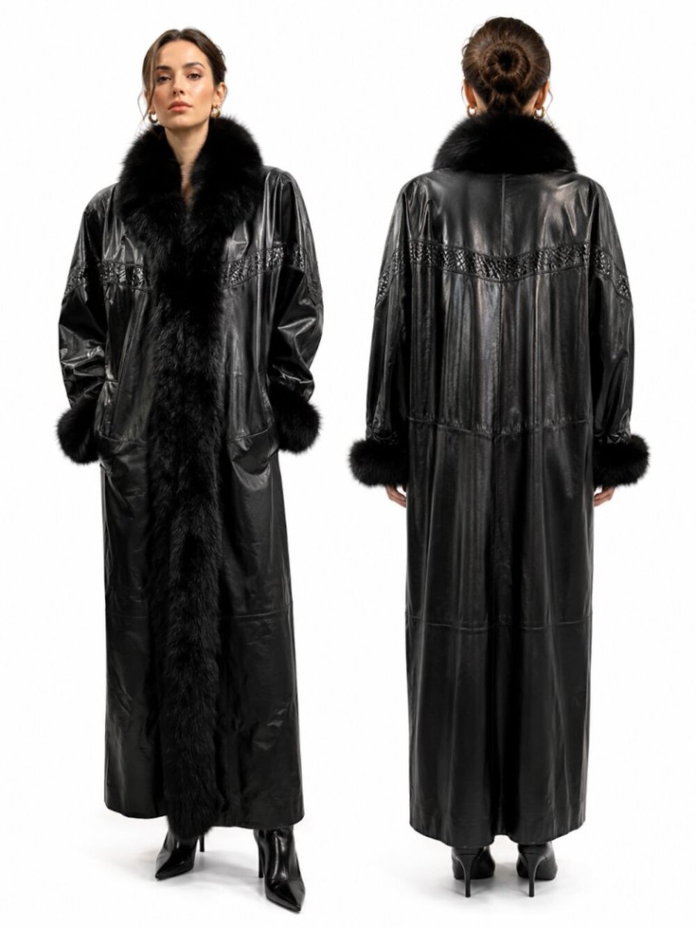 Vintage 80s Leather & Real Fox Fur Full Length Coat with Genuine Snakeskin Trim